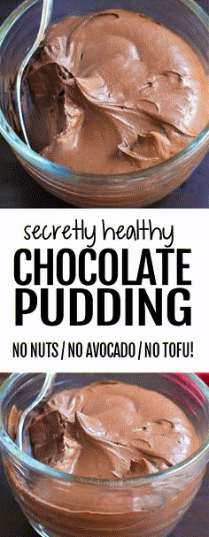 two bowls filled with chocolate pudding on top of a wooden table and the words secret healthy chocolate pudding no nuts / avocado / no tofu