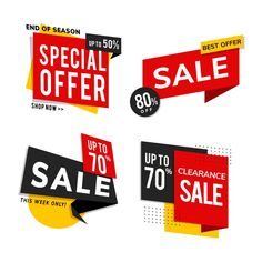 four sale banners with different styles and colors