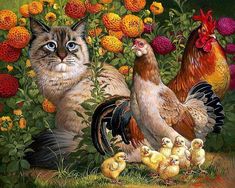 a painting of cats and chickens surrounded by flowers