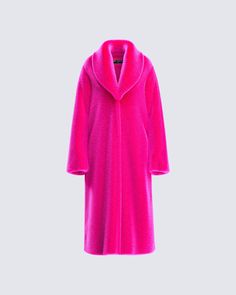 The bigger the coat, the badder the b*tch 💅 Walk into the room knowing you're the best looking one with this hot pink faux fur coat complete with an oversized fit, large lapel, full length sleeves, and side seam pockets 💗 Hot Pink Faux Fur Coat, Hot Pink Fur Coat, Barbiecore Fashion, Pink Coats For Women, Pink Fur Jacket, Winter Date Outfits, Pink Faux Fur Coat, Pink Fur Coat, Long Fur Coat