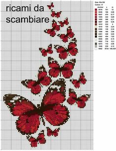 a cross stitch pattern with red butterflies on the side and text that reads ricoami da scambiare