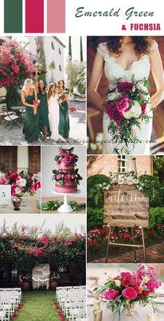 a collage of photos with pink flowers and green plants in the background, including two bridesmaids