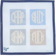 three monogrammed placemats in blue and white with polka dots on them