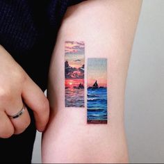 a woman's arm with two pictures on it and the sunset in the background