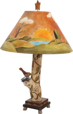 Log Table Lamp –  Hand painted landscape table lamp with vine motifs and bird Square Light Fixture, Country Lamps, Log Table, Sticks Furniture, Wooden Lampshade, Rustic Lamp Shades, Painting Lamp Shades, Shabby Chic Lamps, Diy Shades