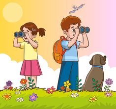 two children looking through binoculars at a dog and bird flying in the sky behind them