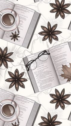 an open book with coffee and leaves on it