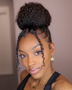 Curly Top Knot Bun Face Framing Braids, Curly Top Knot Bun, Hair Bun Design, Afro Hair Bun, Curly Top Knot