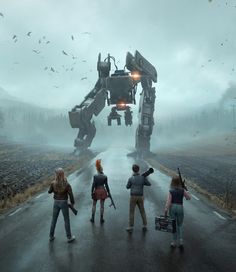 the movie poster for generation zero with people standing in front of a giant robot on a road