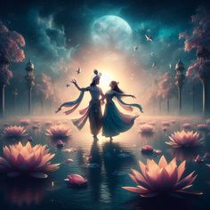 two people are dancing in the water surrounded by flowers and trees with birds flying around