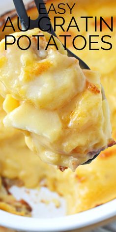 a spoon full of cheesy potato casserole with the title overlay