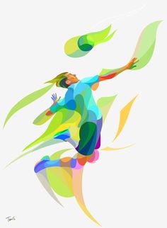 an abstract painting of a woman hitting a tennis ball with her racquet in mid air