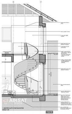 an architectural drawing of a spiral staircase in the shape of a house, with details on it