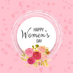 happy women's day greeting card with flowers and hearts on pink background stock photo