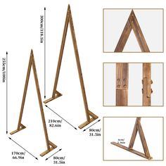 three wooden stands are shown with measurements