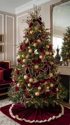 a decorated christmas tree in a living room with red velvet couches and gold ornaments