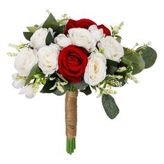 a bridal bouquet with red and white flowers on a stick in front of a white background