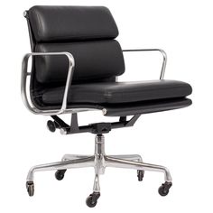 an office chair with black leather upholstered on the back and chrome frame base