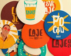 several coasters with different designs on them, including beer glasses and men's names