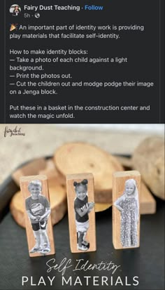 three wooden blocks with photos on them and the words playmate materials in front of them