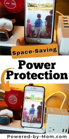 two pictures with the words space saving power protection in front of them and an image of children