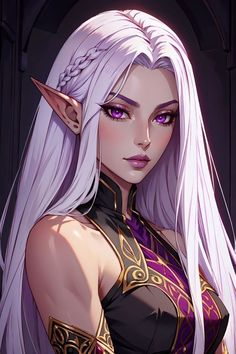 a woman with white hair and purple eyes