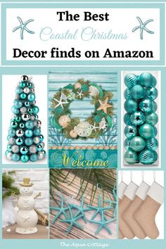 the best coastal christmas decor finds on amazon, including blue and green ornaments with seashells