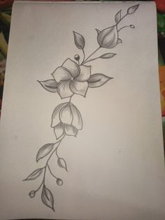 a pencil drawing of a flower with leaves on the bottom half of its body,