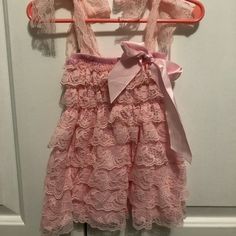 This Is Beautiful Light Pink Lace Dress With Bow On Shoulder And Lace Adjustable Shoulder Straps, Very Soft And Stretchy Fabric, Layers Of Beautiful Lace Ruffles, With Beautiful Lace Trim. Size S Fits Infants Nb-8m Pink Playtime Dress With Lace Trim, Dress With Bow On Shoulder, Light Pink Lace Dress, Pink Lace Dress, Lace Pink Dress, Kawaii Clothes, Pink Lace, Dress With Bow, Stretchy Fabric