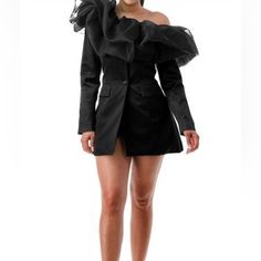 Black Ruffles Elegant Black Cocktail Blazer, Black Long Sleeve Blazer For Party, Spring Formal Outerwear With Ruffles, Spring Formal Ruffled Outerwear, Elegant Black Cocktail Outerwear, Elegant Cocktail Outerwear For Fall, Black Fall Party Blazer, Black Long Sleeve Cocktail Blazer, Long Sleeve Ruffled Blazer For Evening