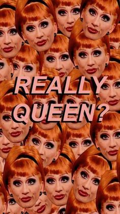 a woman with red hair is surrounded by many different faces and the words really queen?