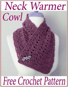 the neck warmer cowl is crocheted in purple yarn and has a flower on it