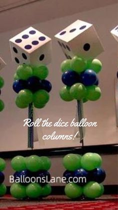 balloons and dices in the shape of trees with words roll the dice balloon columns