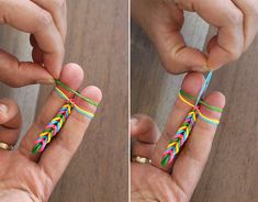 two pictures of someone holding something in their hand and tying it to the end with some string