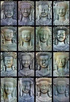 many different images of buddha heads in various styles and sizes, all with their eyes closed