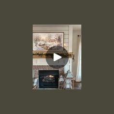 a living room with a fire place next to a painting on the fireplace mantel