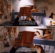 a person sitting in bed reading a book