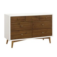 a white and brown dresser with drawers