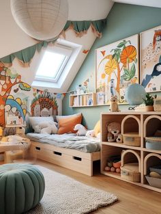 a child's bedroom with colorful wallpaper and decor on the walls, including a bed