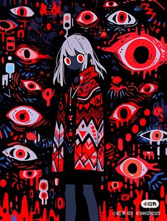 an anime character standing in front of many red eyes