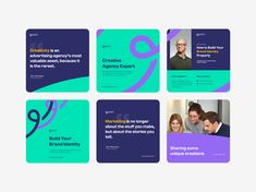 six square business cards with the words, building your brand identity and images on them