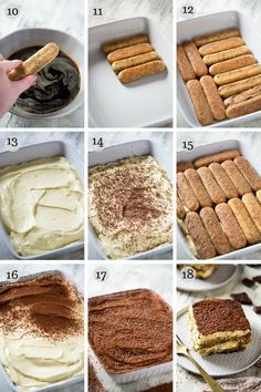 the steps to making chocolate cake in a pan with frosting and cinnamon on top