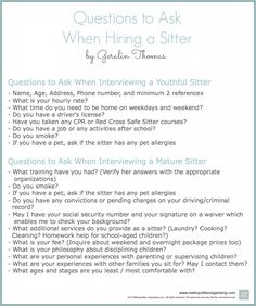 a poster with the words questions to ask when hiring a sitter