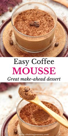 coffee mousse in small glass dishes with spoons on the side and text overlay reading coffee mousse