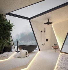 a modern bathroom with large windows and white carpet