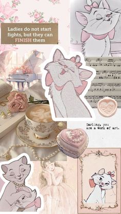 an assortment of stickers and pictures on a table with pink flowers in the background