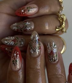 Christmas Solstice Nails, Winter Solstice Nail Ideas, Hippie Christmas Nails, Christmas Mistletoe Nails, Maximalist Christmas Nails, Red Green And Gold Nails, Chrome Christmas Nails Designs, Boho Christmas Nails, Mob Wife Nails