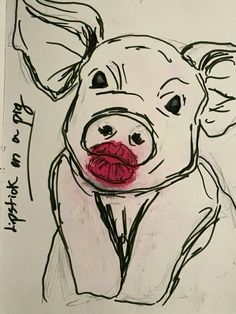 a drawing of a pig with red lipstick on it's lips and tongue sticking out