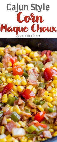 corn and bacon casserole with text overlay that reads cajun style corn masque chox