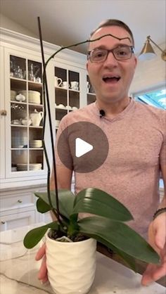 a man is holding a potted plant in his hand and making a funny face